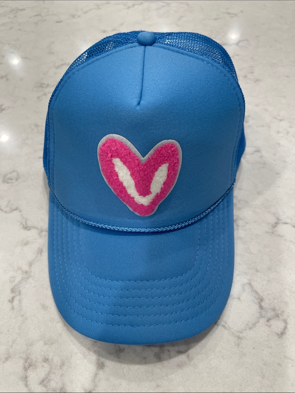 House of Shan Blue Women's Trucker Hat with Pink Heart Patch